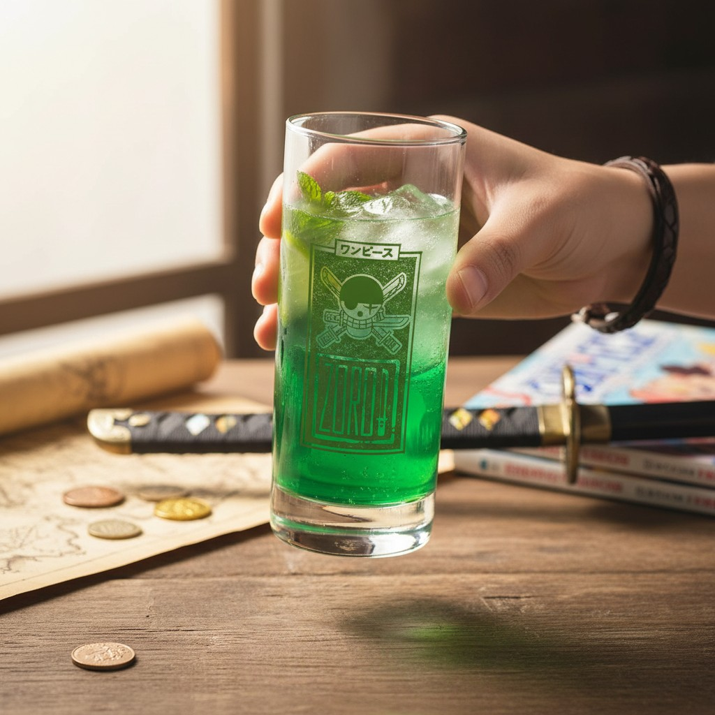 Fans Geek Store One Piece glass featuring Zoro Jolly Roger filled with a green drink held by a hand