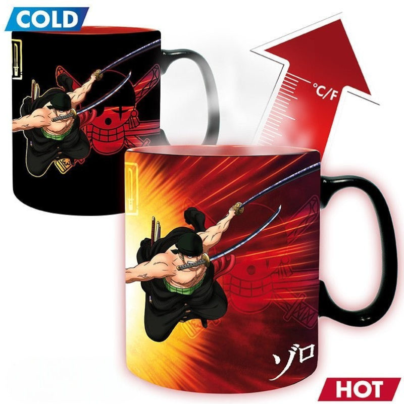 Fans Geek Store One Piece heat-sensitive ceramic mug featuring Roronoa Zoro in action on the Onigashima battlefield