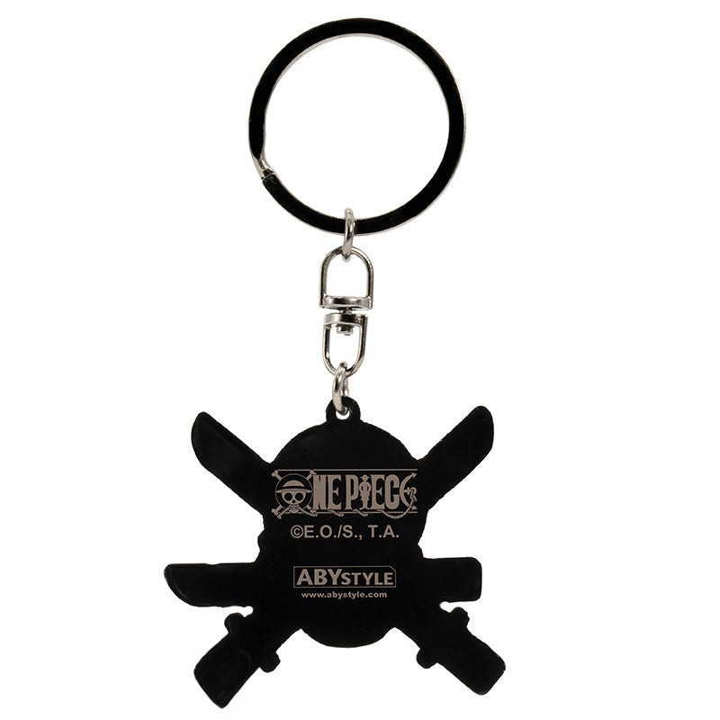 Fans Geek Store One Piece Roronoa Zoro metal keychain featuring a black sword and skull emblem design
