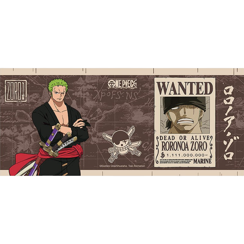 Fans Geek Store One Piece ceramic mug featuring Roronoa Zoro, his Wanted poster, and pirate motifs in brown tones.