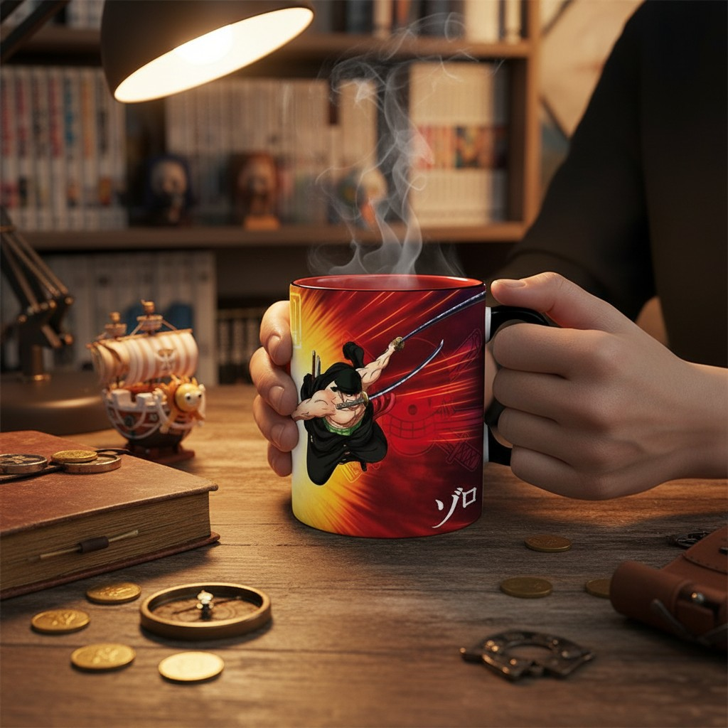 Fans Geek Store heat-sensitive One Piece ceramic mug featuring Roronoa Zoro in action on a desk with steam rising.