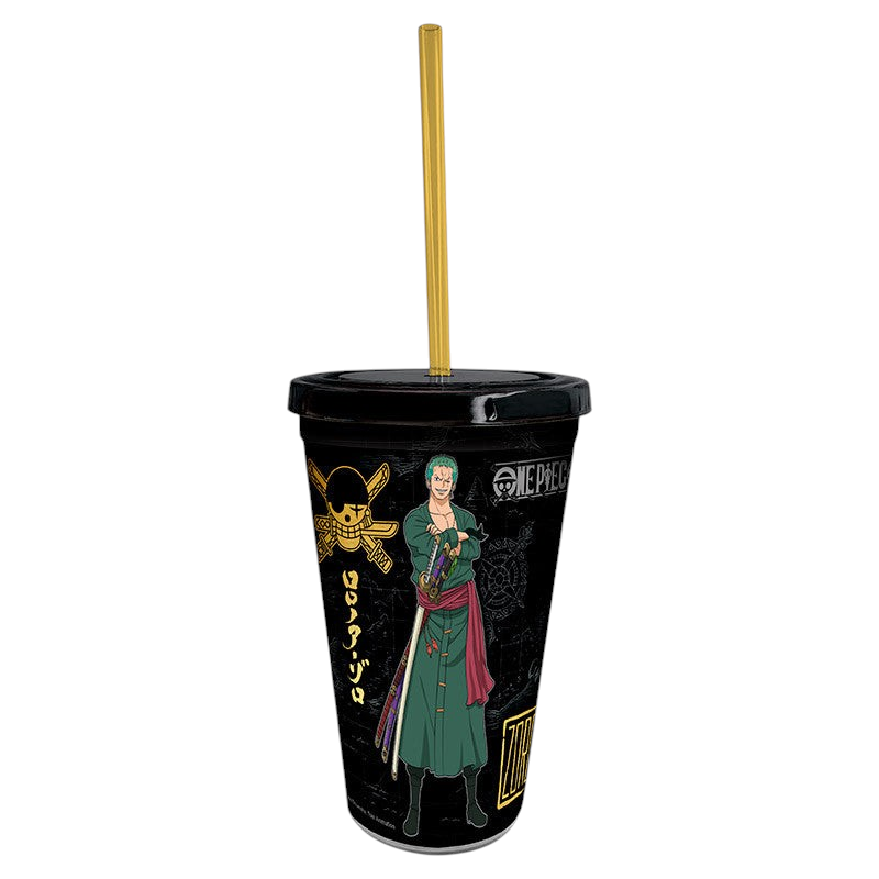 Fans Geek Store One Piece double-walled tumbler featuring Zoro with a black screw lid and reusable gold straw