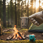 Fans Geek Store stainless steel Pikachu mug with carabiner handle held by a gloved hand near a campfire in the woods
