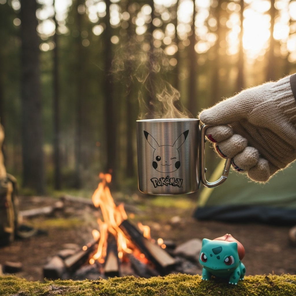 Fans Geek Store stainless steel Pikachu mug with carabiner handle held by a gloved hand near a campfire in the woods