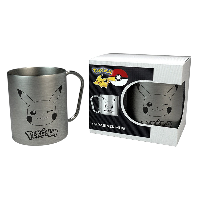 Fans Geek Store stainless steel Pikachu mug with a carabiner handle, shown next to its branded Pokémon packaging.