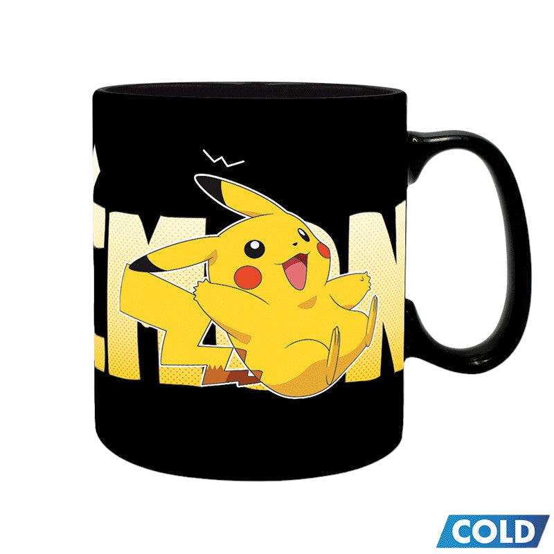 Fans Geek Store black ceramic Pokémon mug featuring a yellow Pikachu design that changes when filled with hot liquid