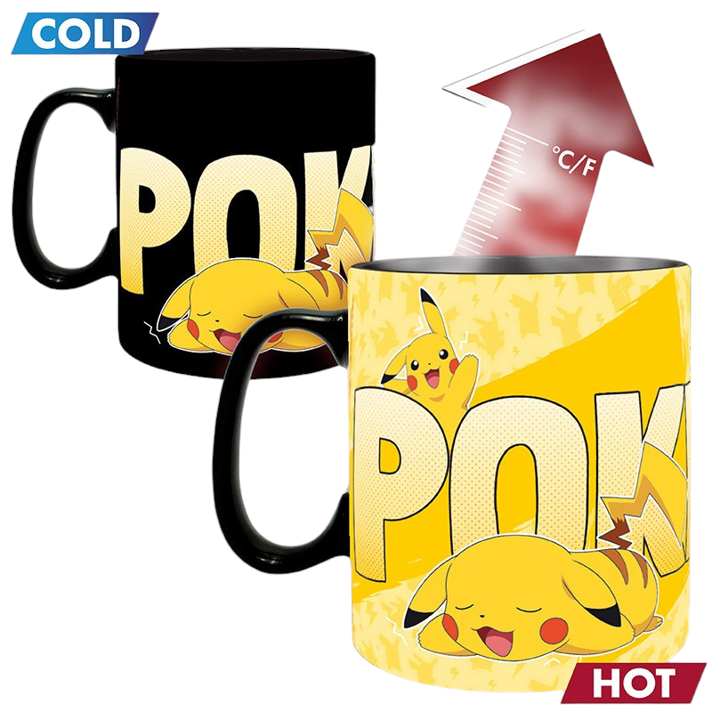 Fans Geek Store heat-sensitive ceramic Pokémon mug featuring Pikachu, changing from black to yellow when hot.