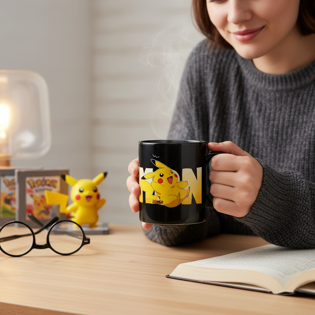 Fans Geek Store heat-sensitive ceramic mug featuring Pikachu, held by a person at a desk with a book and figure.