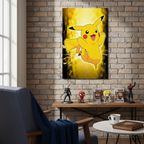 Fans Geek Store Pikachu neon style maxiposter hanging on a brick wall above a desk with collectible figures
