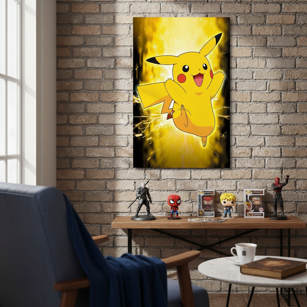 Fans Geek Store Pikachu neon style maxiposter hanging on a brick wall above a desk with collectible figures