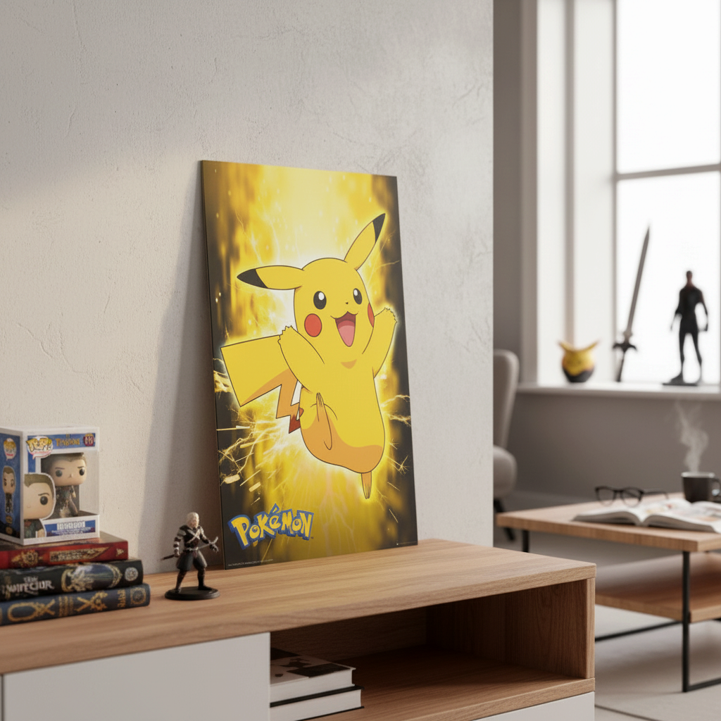 Fans Geek Store Pikachu neon-style maxiposter displayed on a wooden shelf in a decorated gaming room.