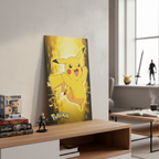 Fans Geek Store Pikachu neon-style maxiposter displayed on a wooden shelf in a decorated gaming room.