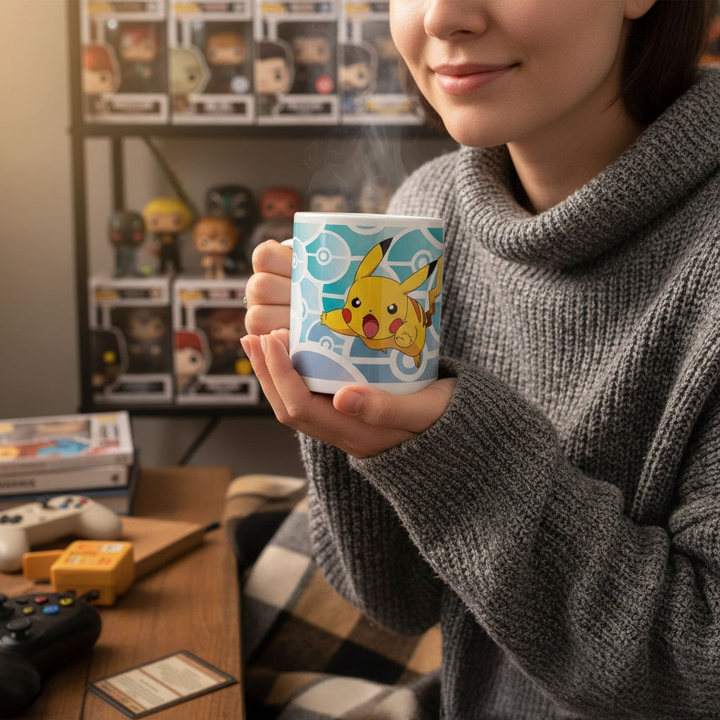 Fans Geek Store ceramic mug featuring Pikachu and Ash, held by a person in a cozy grey sweater in a gaming room.