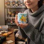 Fans Geek Store ceramic mug featuring Pikachu and Ash, held by a person in a cozy grey sweater in a gaming room.