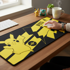 Fans Geek Store XXL Pikachu gaming mouse pad with yellow and black design on a wooden desk with a hand using a mouse