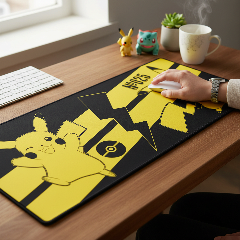 Fans Geek Store XXL Pikachu gaming mouse pad with yellow and black design on a wooden desk with a hand using a mouse