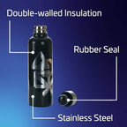 Fans Geek Store black stainless steel water bottle with PlayStation logo, 500ml, double-walled insulation, rubber seal.