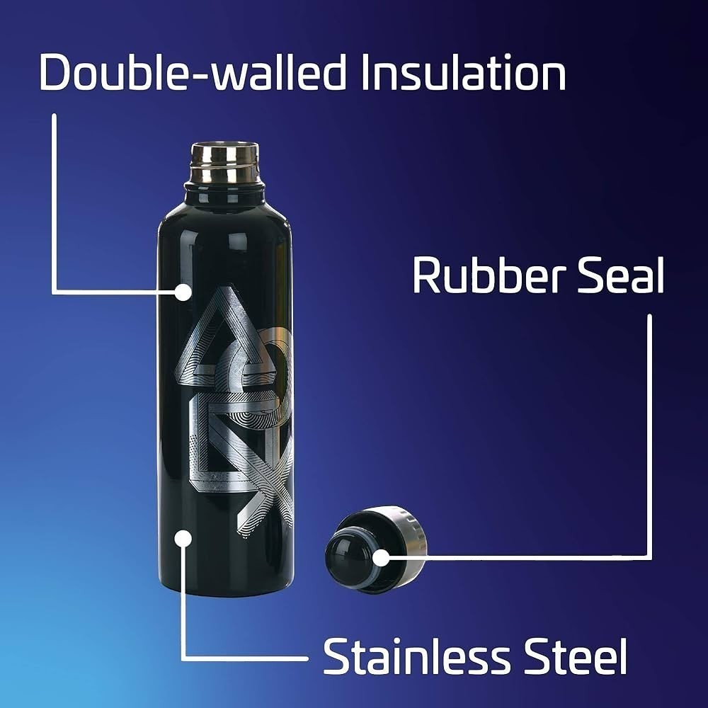 Fans Geek Store black stainless steel water bottle with PlayStation logo, 500ml, double-walled insulation, rubber seal.