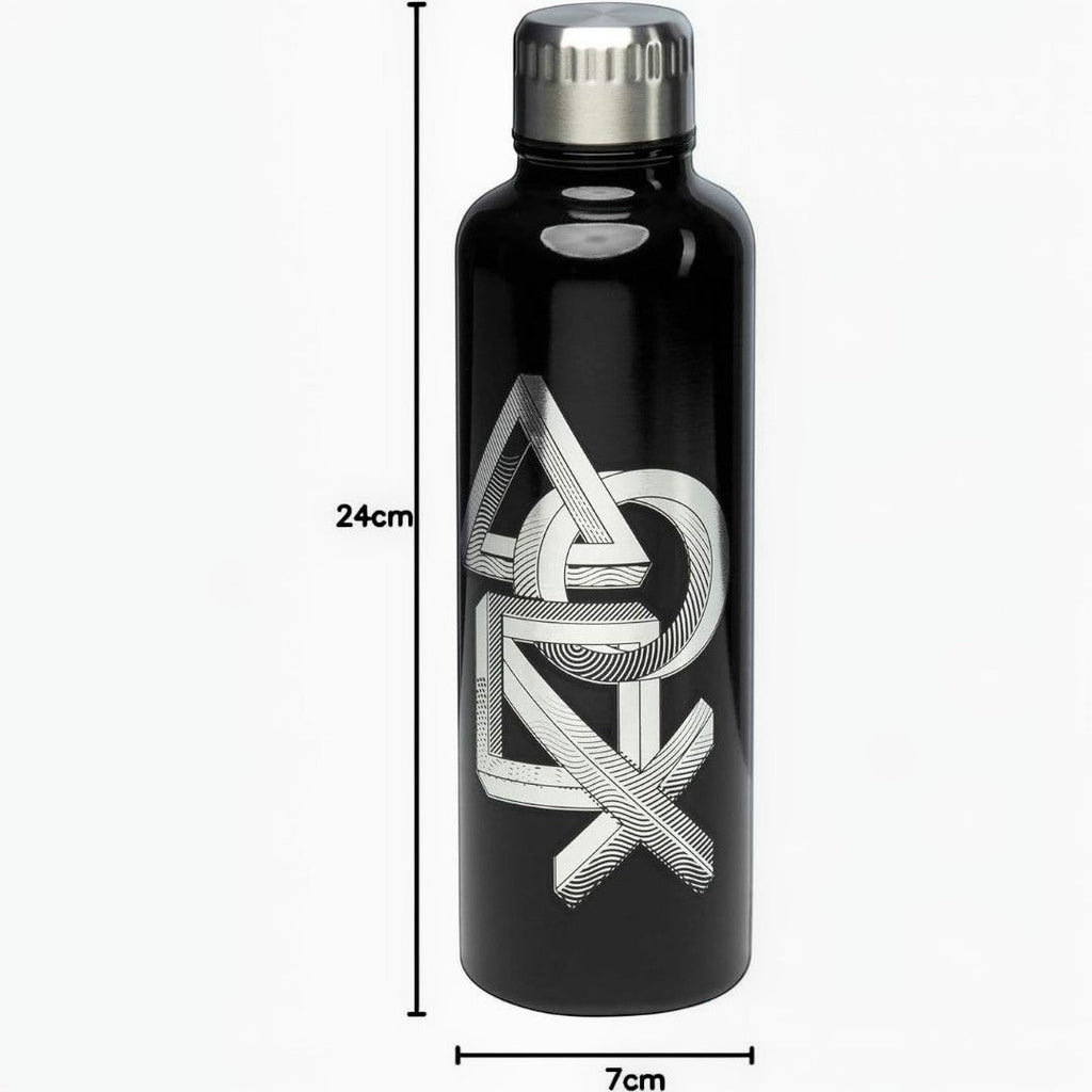 Fans Geek Store black metal water bottle with iconic PlayStation logo, 500ml capacity, screw-top lid.