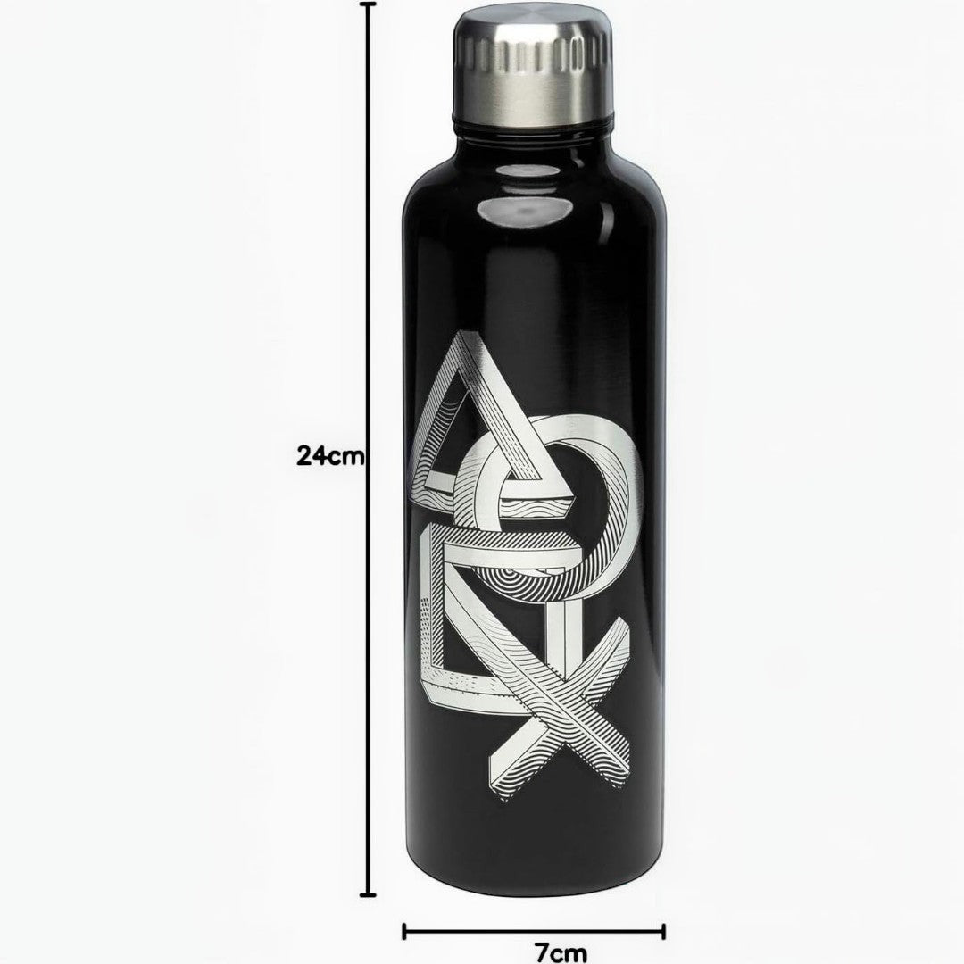 Fans Geek Store black metal water bottle with iconic PlayStation logo, 500ml capacity, screw-top lid.