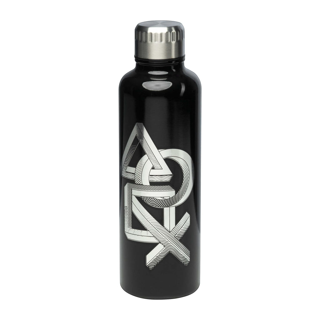 Fans Geek Store black metal water bottle with iconic PlayStation logo, 500ml capacity, screw-top lid.