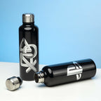 Fans Geek Store black metal water bottle with silver PlayStation logo, 500ml capacity, screw-top lid.