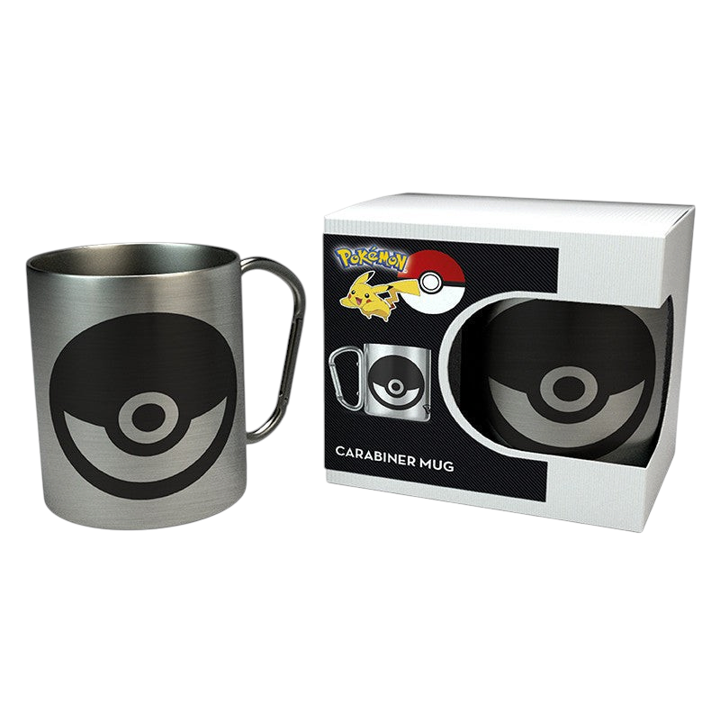 Fans Geek Store stainless steel Pokemon Pokeball mug with a carabiner handle next to its branded packaging box