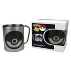 Fans Geek Store stainless steel Pokemon Pokeball mug with a carabiner handle next to its branded packaging box