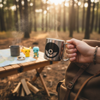 Fans Geek Store stainless steel Pokeball mug with carabiner handle held in a forest setting with Pokémon figures