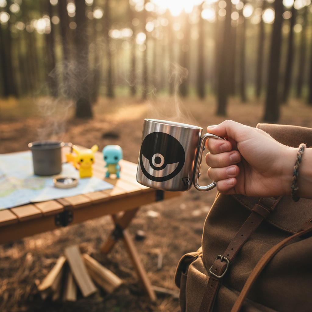 Fans Geek Store stainless steel Pokeball mug with carabiner handle held in a forest setting with Pokémon figures