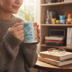 Fans Geek Store ceramic mug featuring Bulbasaur and Charmander held by a person in a cozy room setting