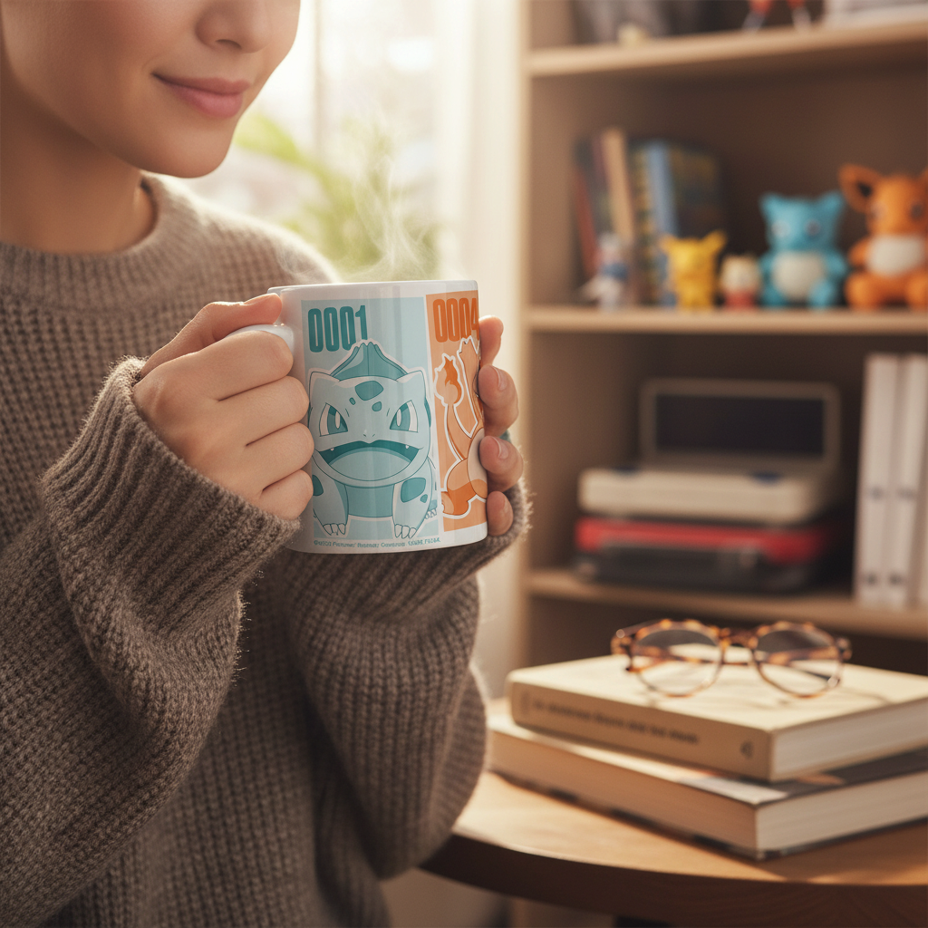 Fans Geek Store ceramic mug featuring Bulbasaur and Charmander held by a person in a cozy room setting