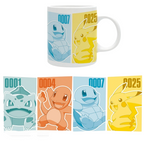 Fans Geek Store ceramic mug featuring Pikachu, Bulbasaur, Charmander, and Squirtle in a colorful Kanto design.
