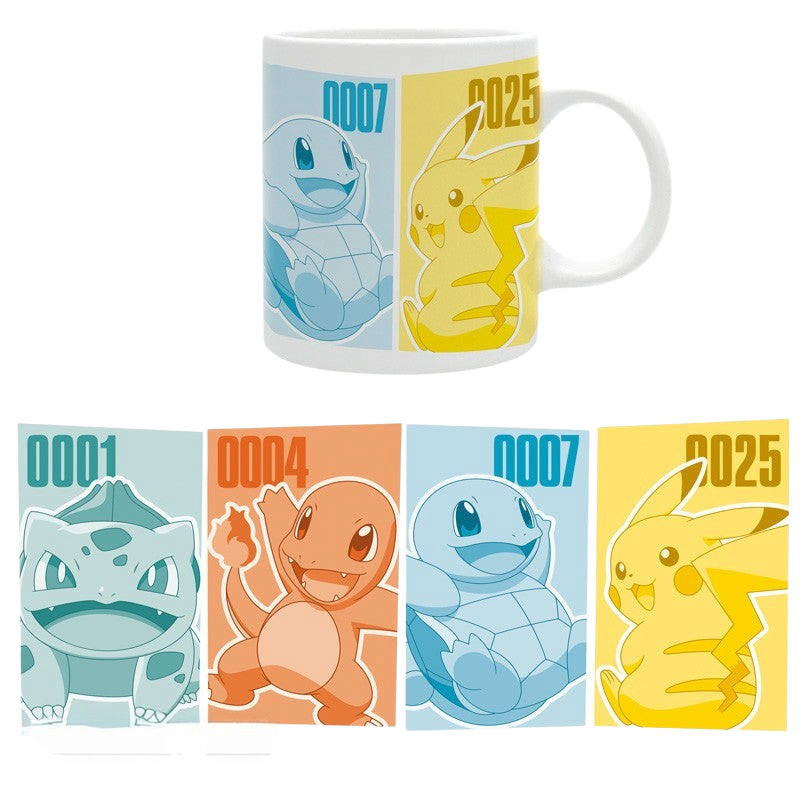 Fans Geek Store ceramic mug featuring Pikachu, Bulbasaur, Charmander, and Squirtle in a colorful Kanto design.