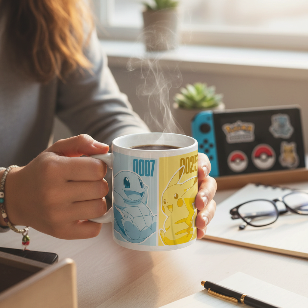 Fans Geek Store ceramic mug featuring Squirtle and Pikachu held by a person at a desk with a gaming console