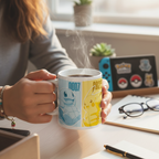 Fans Geek Store ceramic mug featuring Squirtle and Pikachu held by a person at a desk with a gaming console