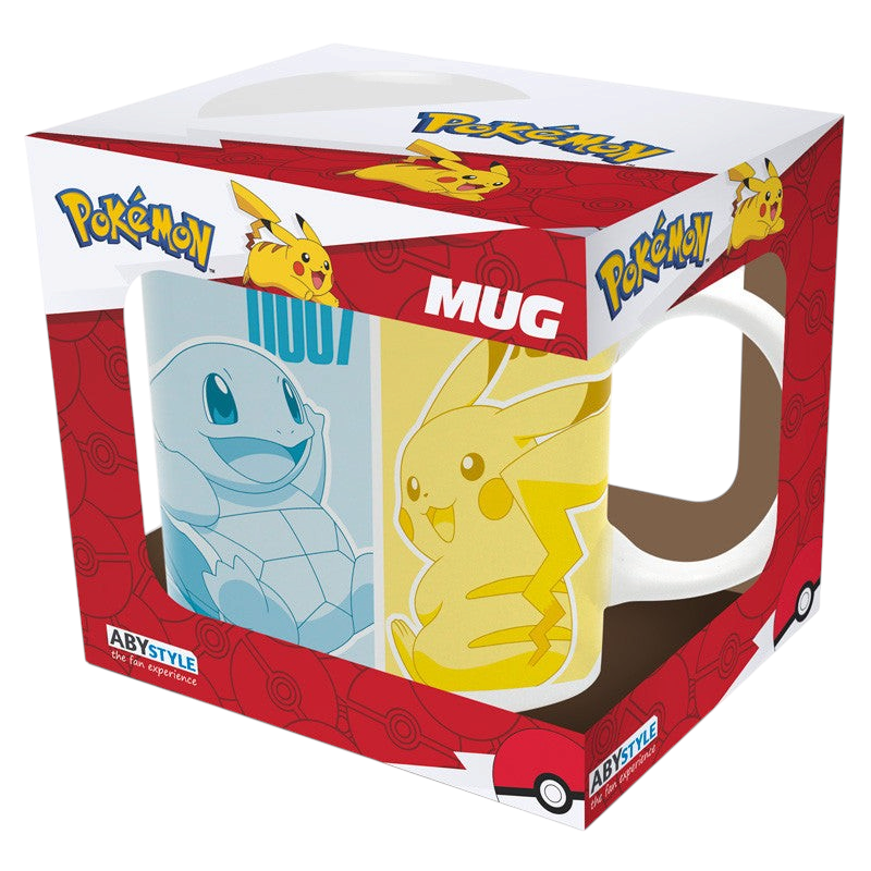 Fans Geek Store ceramic Pokemon mug featuring Pikachu, Squirtle, Bulbasaur, and Charmander in a branded display box.
