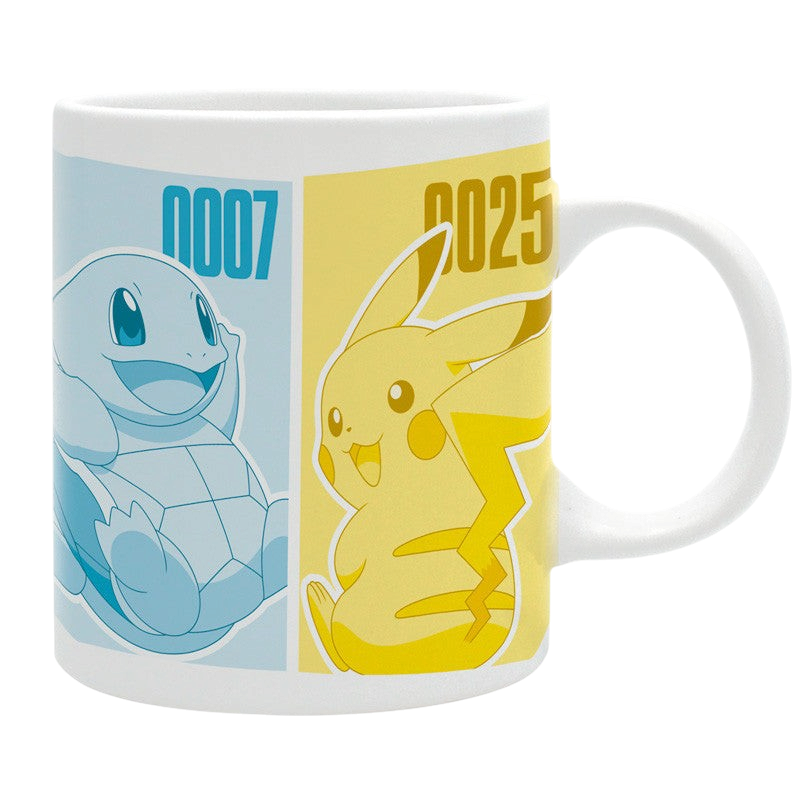 Fans Geek Store ceramic mug featuring Squirtle and Pikachu illustrations with Kanto Pokedex numbers