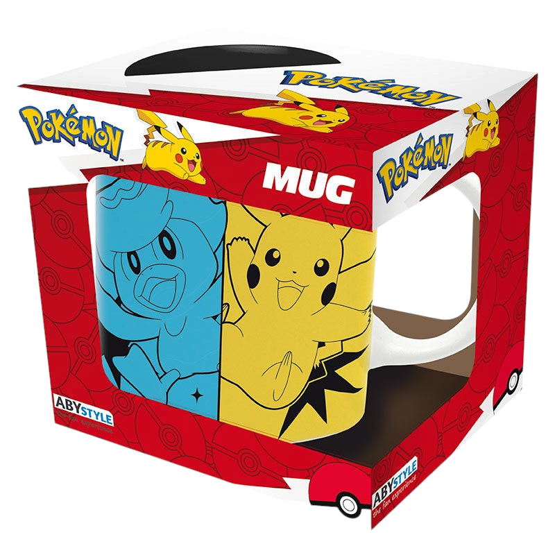 Fans Geek Store ceramic Pokémon Scarlet & Violet mug featuring Pikachu and Paldea starters in a window display box
