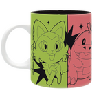 Fans Geek Store ceramic mug featuring Sprigatito and Fuecoco from Pokémon Scarlet & Violet in green and red panels