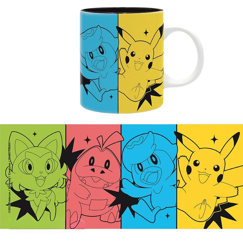Fans Geek Store ceramic mug featuring Pikachu, Sprigatito, Fuecoco, and Quaxly from Pokémon Scarlet & Violet.