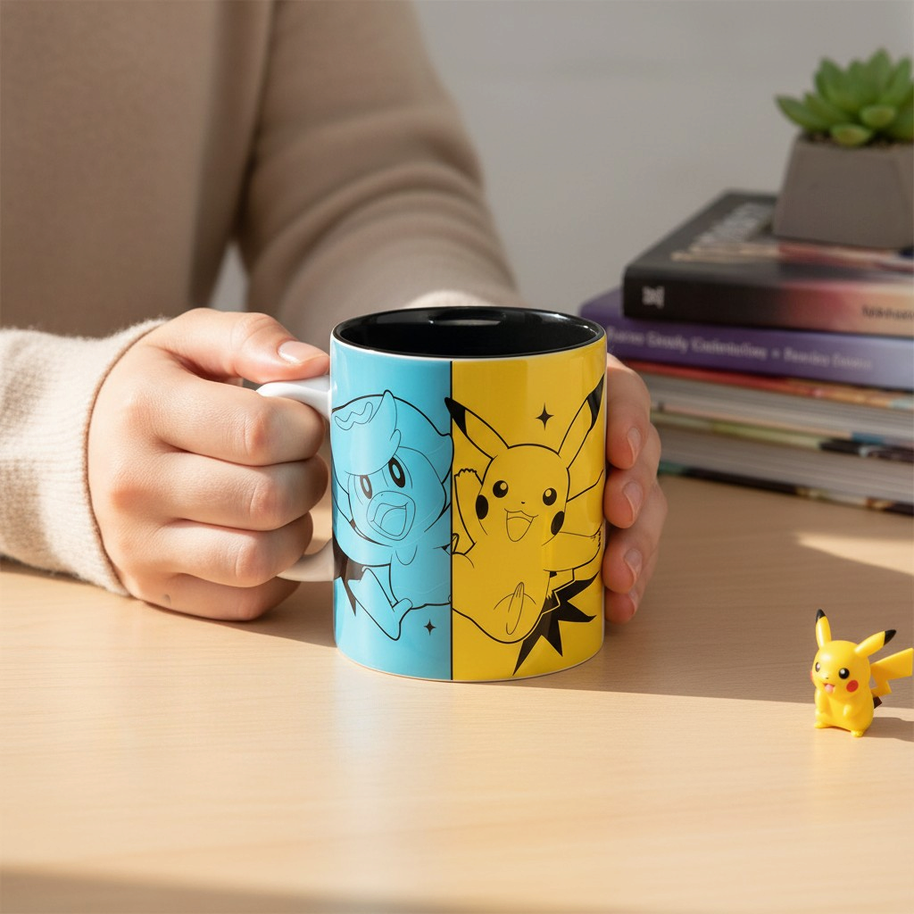 Fans Geek Store ceramic mug featuring Pikachu and Quaxly from Pokémon Scarlet & Violet on a desk