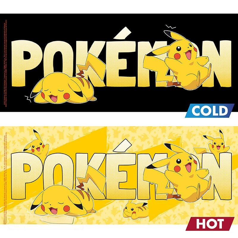 Fans Geek Store heat-sensitive ceramic Pokemon mug showing Pikachu design changes from cold black to hot yellow
