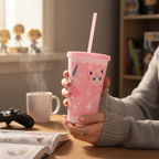 Fans Geek Store pink Pokemon tumbler featuring Espeon, Mew, and Jigglypuff with a matching straw and screw lid.