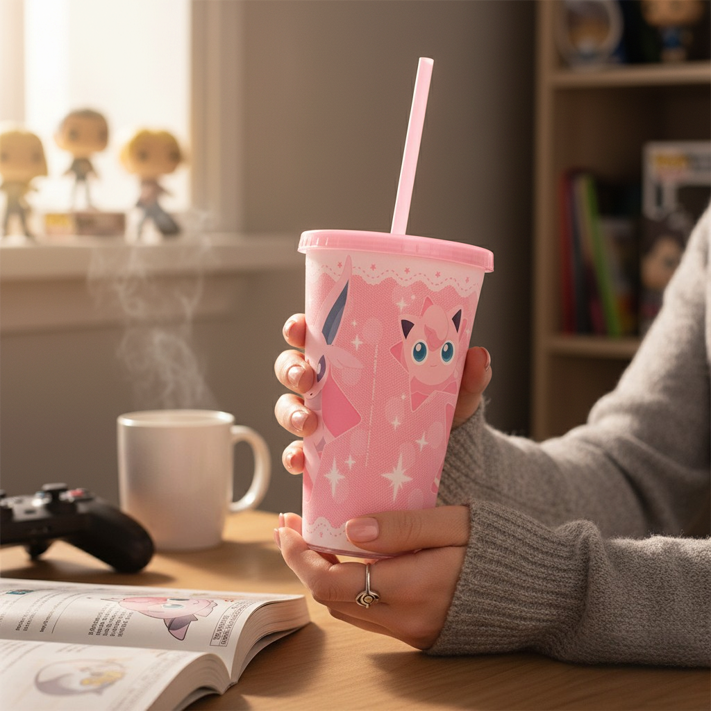 Fans Geek Store pink Pokemon tumbler featuring Espeon, Mew, and Jigglypuff with a matching straw and screw lid.