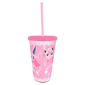 Fans Geek Store pink Pokemon tumbler featuring Espeon, Mew, and Jigglypuff with a matching lid and reusable straw.