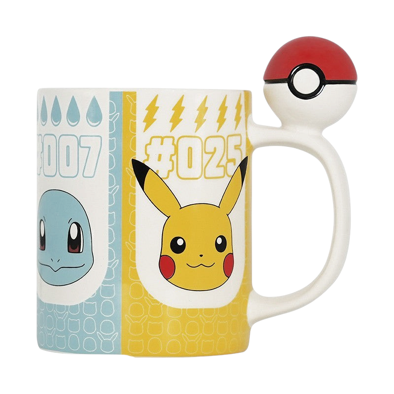 Fans Geek Store ceramic mug featuring Pikachu and Kanto starters with a unique 3D Pokéball handle design