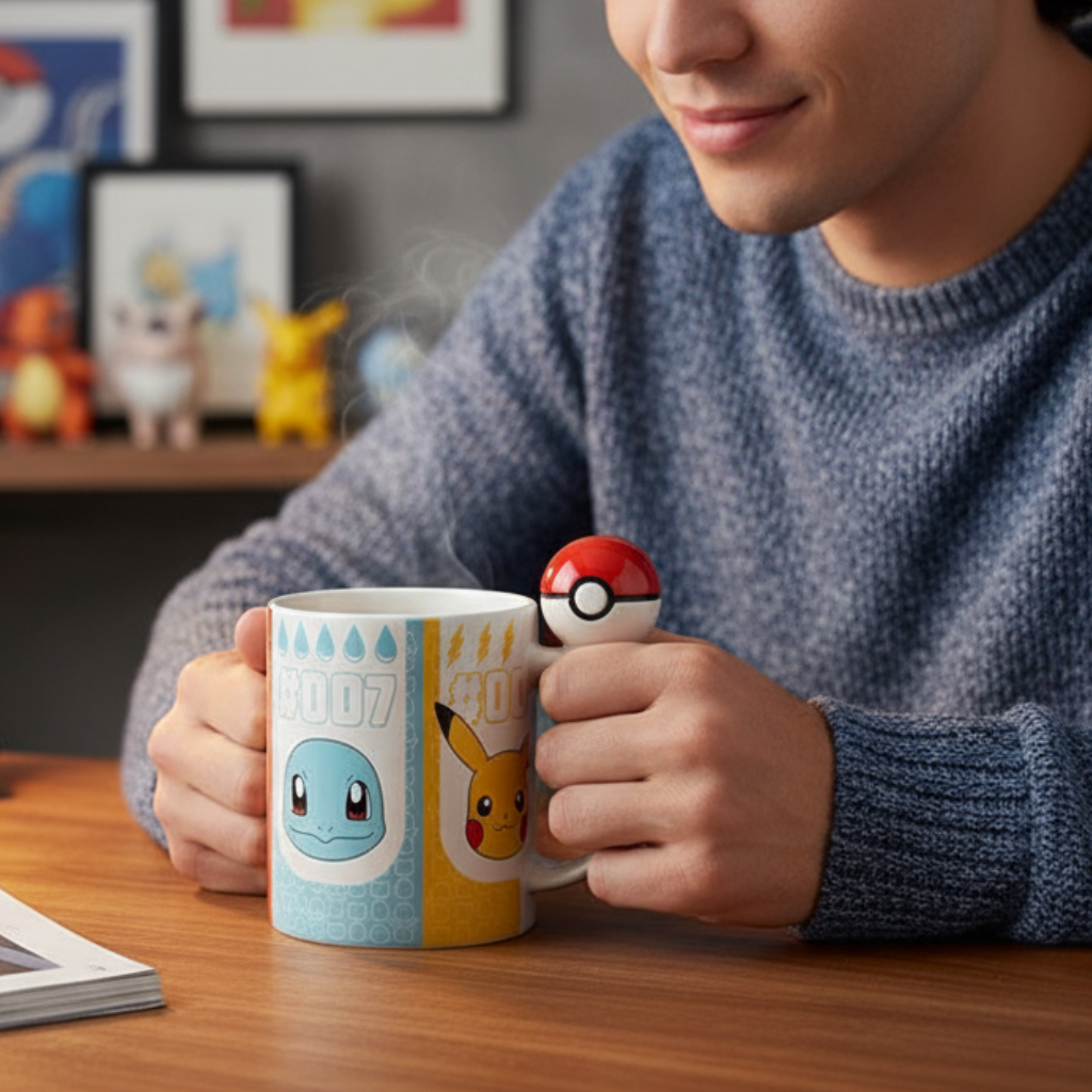 Fans Geek Store ceramic mug with Pikachu and Kanto starters print and a 3D Pokéball handle held by a person