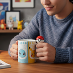 Fans Geek Store ceramic mug with Pikachu and Kanto starters print and a 3D Pokéball handle held by a person