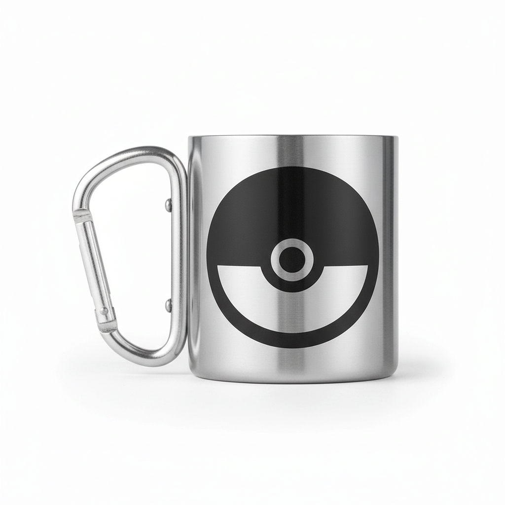 Fans Geek Store stainless steel Pokemon Pokeball mug with a carabiner handle for travel